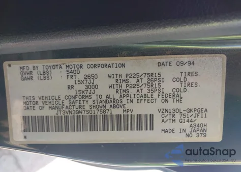 1995 Toyota 4Runner Vn39 Sr5 z USA, uszkodzony, nr VIN JT3VN39W7S0175871